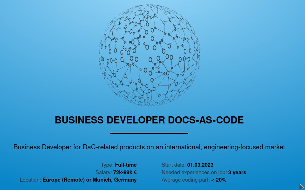 DanWos's tweet image. My company is looking for a Business Developer Docs-as-Code.  
It's all about defining and implementing business solutions for engineering-related companies based on Docs-as-Code and Open-Source (mainly #sphinxdoc).
useblocks.com/hires/business…

Help us to bring DaC into Industry 📕🏭