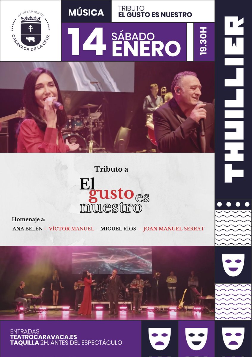AytodeCaravaca's tweet photo. Iniciamos la programación cultural del Thuillier para 2023 👇

🎙🎶 Y lo hacemos con el espectáculo musical que rinde tributo la mítica gira ‘El gusto es nuestro’ de Víctor Manuel, Ana Belén, Joan Manuel Serrat y Miguel Ríos. https://t.co/4SdLL8Rbwa