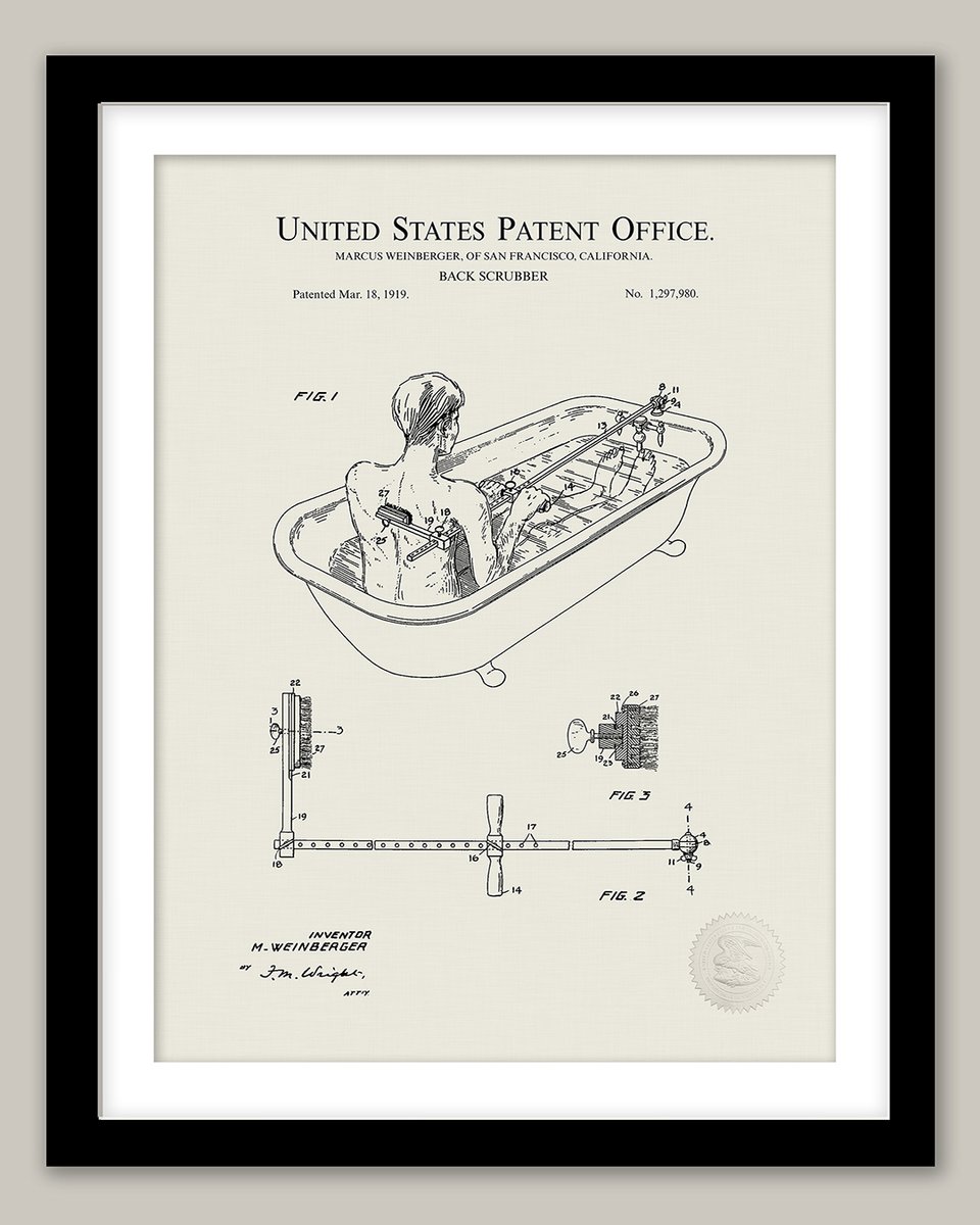 PatentPrintShop's tweet image. Bathroom decor – Back Scrubber patent
Print of 1919 Marcus Weinberger BATH TUB ATTACHMENT patent
Vintage patent of a device that attaches to a bath tub that assist in scrubbing the 
bathers back.
thepatentprintshop.com/product/1919-b…
#Spadécor #BathroomWallArt #BathroomDécor #BathroomPrints