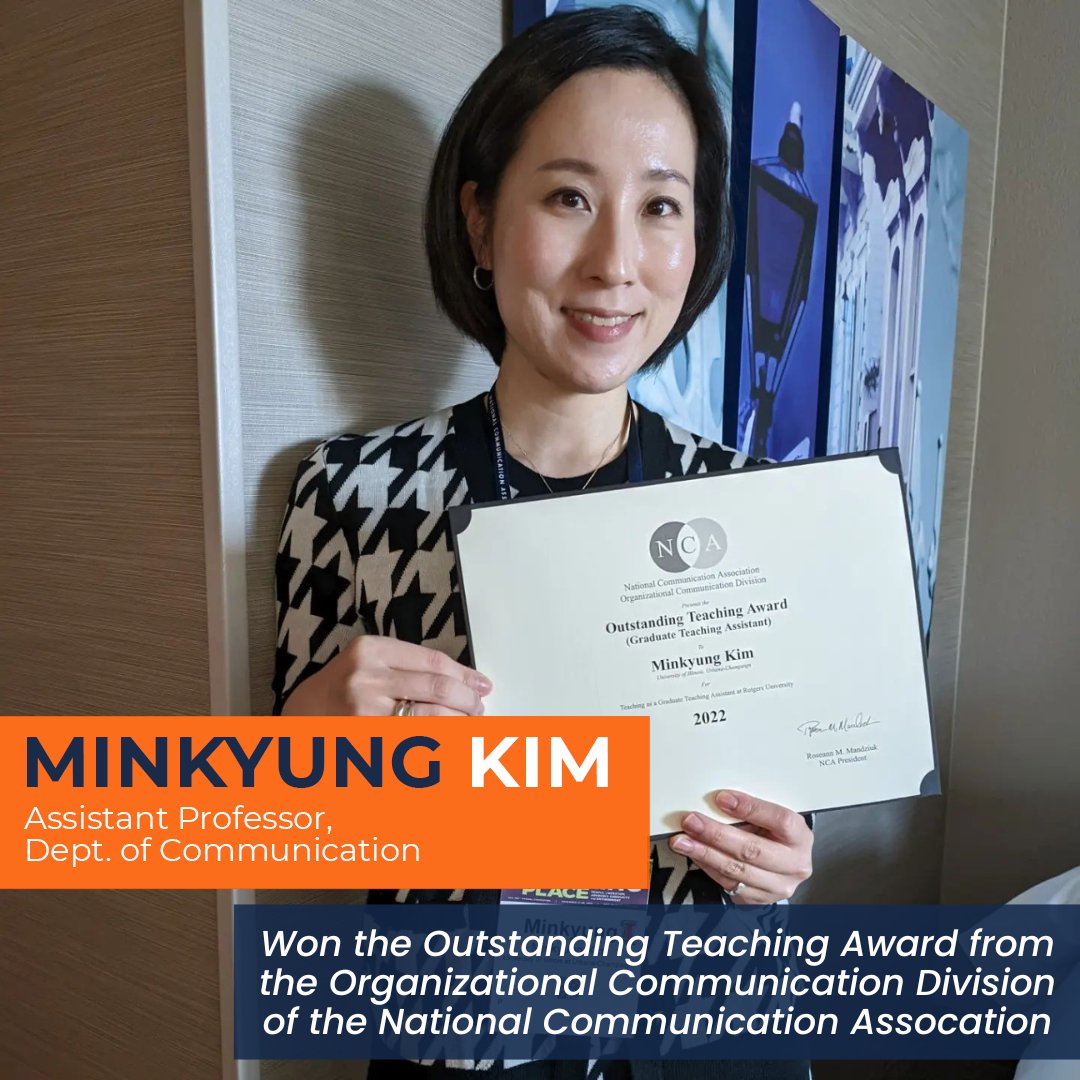 Minkyung Kim recently won an award recognizing her excellence as a teacher while she was a graduate student at Rutgers.

She was featured on a panel to discuss best practices for teaching and mentoring org comm classes as an international faculty member.

Congratulations!