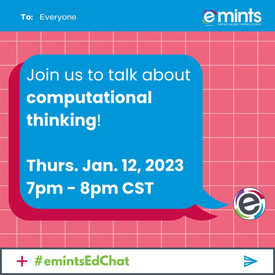 dougemints's tweet photo. What are you doing this Thursday at 7? Let's meet for a chat using #emintschat to discuss computational thinking in the classroom!  Meet fun people, learn new things, share great ideas! #emints #emintsat @emintsnc #moedchat #arkedchat @NSchwartzTech @Mrs_HAnderson @EdtechErnst https://t.co/mtjEXyi1FY