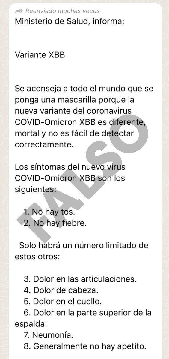 ministeriosalud's tweet photo. 🧵[1/3] En relación con el mensaje que circula en diferentes plataformas tecnológicas respecto de la variante XBB de Ómicron, sus síntomas y recomendaciones, el Ministerio de Salud informa, que dicha publicación es falsa. https://t.co/CbZ6nhYMll