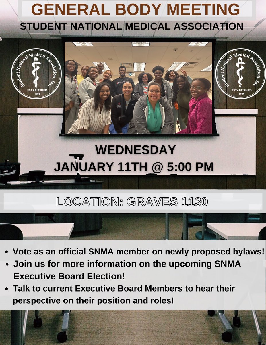 Hi everyone! Mark your calendar 🗓️ on Wednesday, January 11th at 5pm for our General Body Meeting in Graves 1130!

Vote as an official member on newly proposed bylaws! Join to get more info on the upcoming SNMA Officer Elections from current E-Board members!
