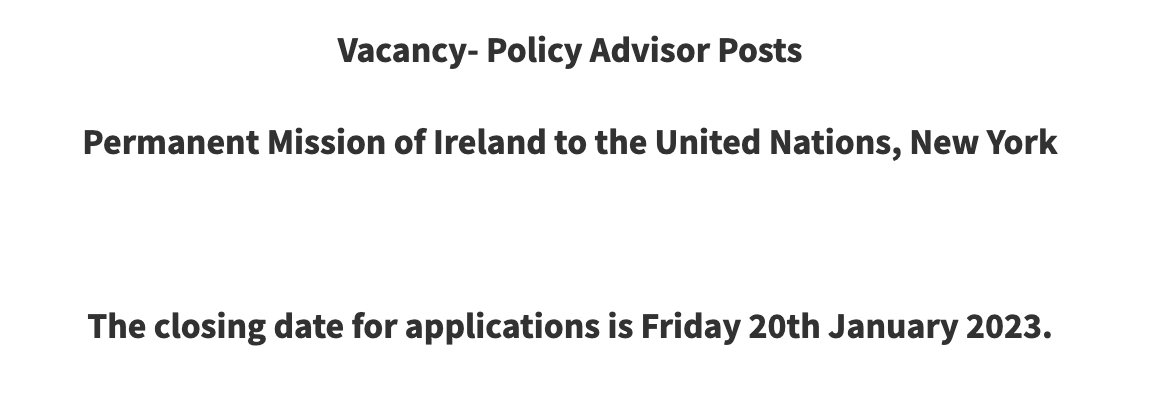 IrishMissionUN's tweet photo. 📢 WE ARE HIRING 📢 

Interested in working at the Irish Mission on peace &amp; security, humanitarian affairs or human rights at UNHQ? 

Check out the link below for more details on our policy adviser vacancies.

Closing date for applications is 20 January! 

https://t.co/sq3TlTWppR https://t.co/zxPTmwHkh6