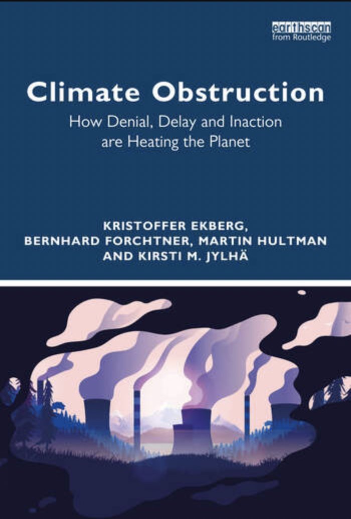 Cover of Climate Obstruction book featuring the book title and a blue and purple illustration of smokestacks 