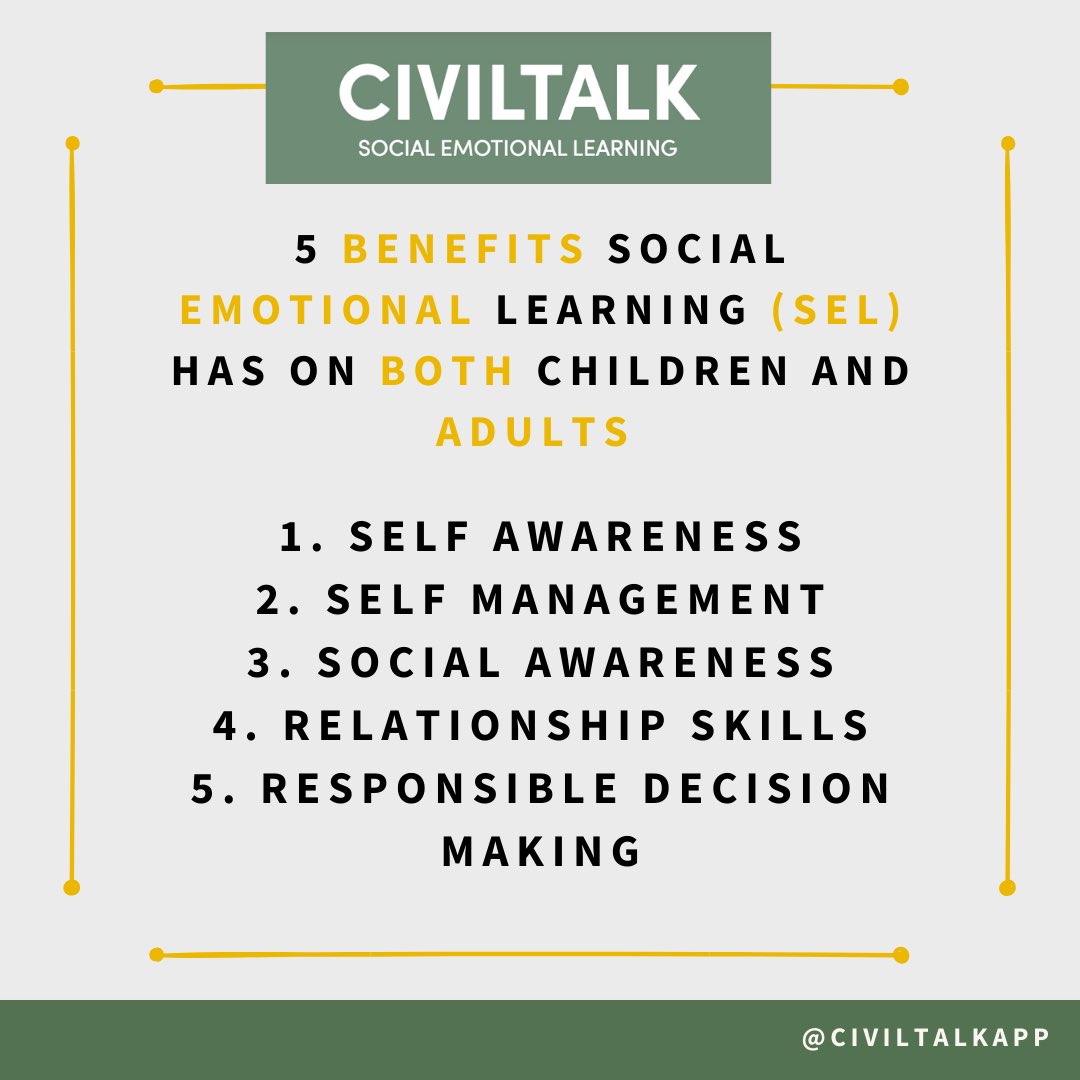 CivilTalkapp's tweet photo. Today we are thinking about how CivilTalk and it’s integration of SEL features has its benefits. SEL is the process by which people acquire the knowledge, and skills associated with the core areas of social and emotional (SE) competency. Head to our IG @civiltalkapp for more info https://t.co/Y6AIK04Gvt