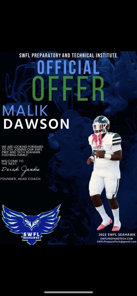 DawsonMalik33's tweet photo. After talking with @coachcurtis42 I’m blessed to say I’ve received an offer from SWFL predatory and technical Institute 💚💙 @CoachMylesKing @BrandonHuffman @Nicoe_H__ https://t.co/5tvyr3bjYW