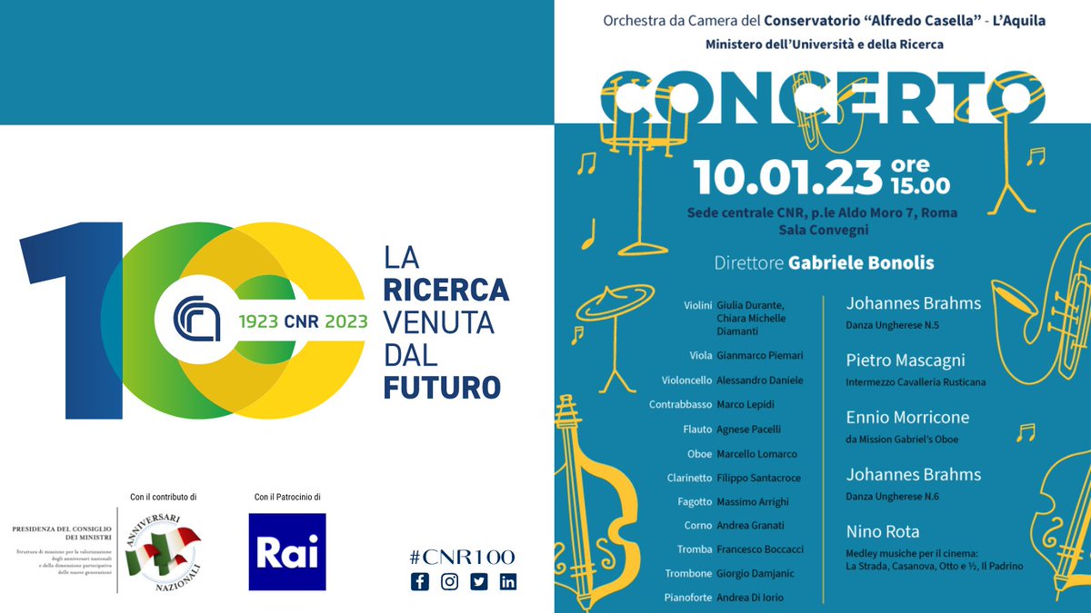 CNRsocial_'s tweet photo. 📌#10gennaio alle 15, in diretta su https://t.co/VJVWCrB8wI e sul sito di @RaiCultura
🎶Concerto inaugurale del 2023, anno del #centenarioCnr
🎵Orchestra da Camera del Conservatorio ‘Alfredo Casella’, L’Aquila diretta da Gabriele Bonolis
https://t.co/zbsGco0LdD
@MC_Carro #CNR100 https://t.co/hUlNJOUnlw