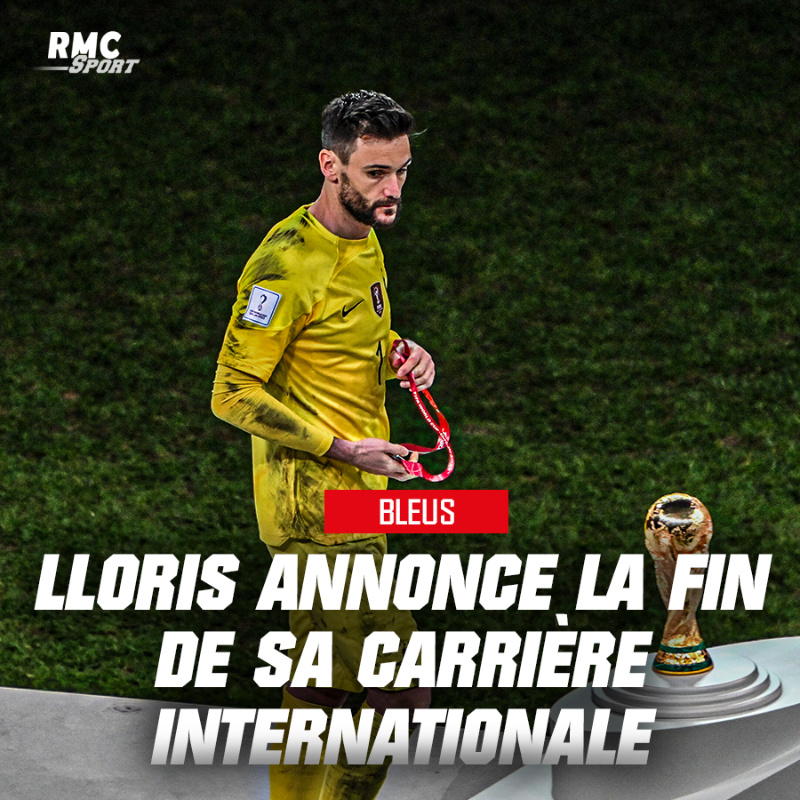 RMCsport's tweet photo. 🚨 Hugo Lloris met fin à sa carrière internationale. Le capitaine des Bleus, recordman de sélections (145), l'annonce dans un entretien accordé à L'Équipe : "Il arrive un moment où il faut passer la main".