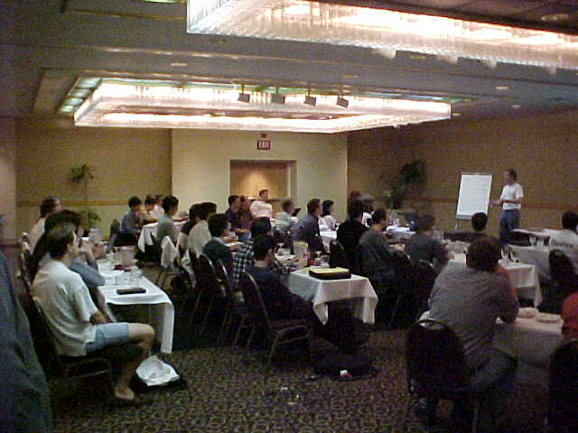 chadfowler's tweet photo. I just found some old photos from @rubyconf  2001, which I helped organized with @pragdave and David A. Black.  This was the first RubyConf.  The photo below is not a breakout session.  It's the whole conference. https://t.co/cGLdQbarl2
