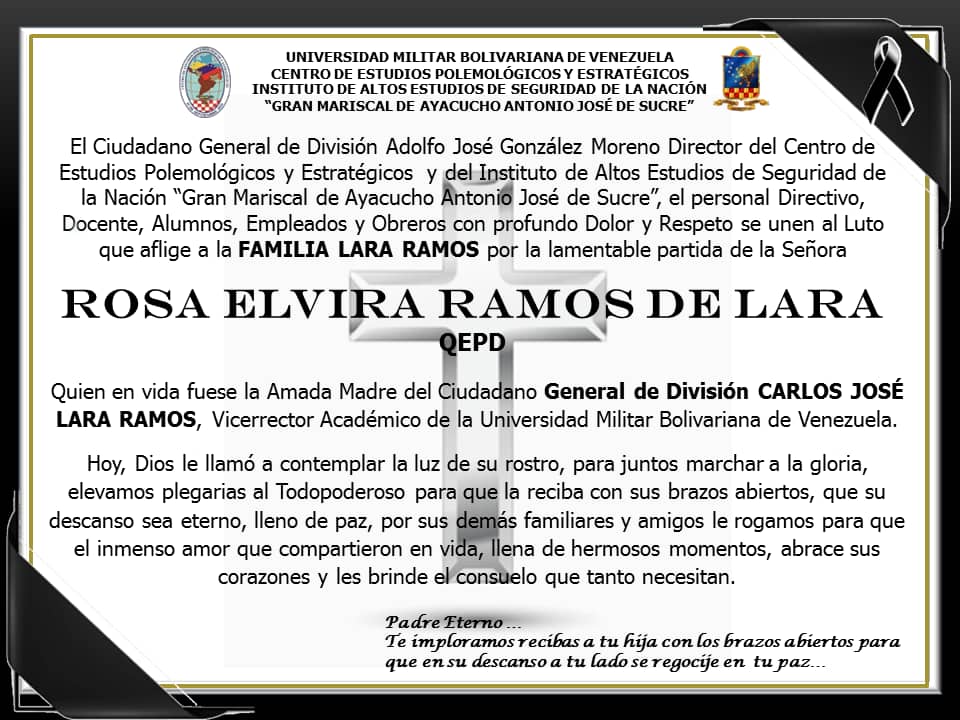 iaesen_umbv's tweet photo. #09Ene ✝️ El Cddno. GD. Adolfo González Moreno, Director del CEPE y el IAESEN en nombre de la Familia Iaesenista, se une al duelo que aflige al Cddno. GD. Carlos Lara Ramos, Vicerrector Académico de la @Umbv_Fanb por el fallecimiento de su Sra. Madre Rosa Elvira Ramos de Lara. https://t.co/lNB3wnjJBr