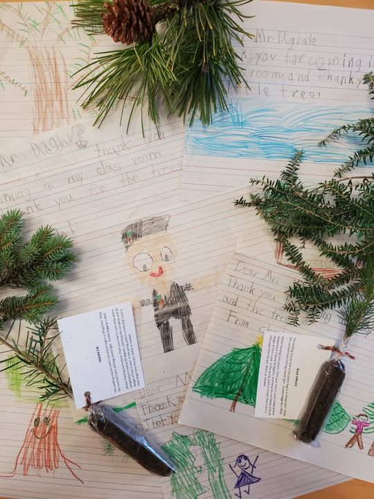SavATreeCareers's tweet image. Recently, SavATree Middleton Branch arborist, Ben Dugdale, talked to  Ipswich 1st graders and preschoolers about #evergreentrees. The kids wrote thank you notes &amp;amp; drew pictures of their gifted trees (with a nice root flare) and Mr. Dugdale (with a Savatree logo). #TreeEducation