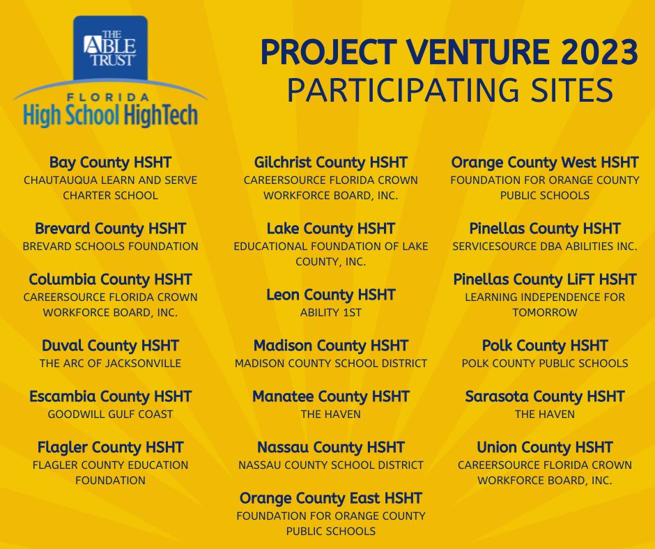 Abletrust's tweet photo. With #ProjectVenture judging underway, we’d like to recognize and thank all 19 #HighSchoolHighTech sites participating in this year’s competition! Congrats on being part of our biggest-ever field of entrants! #HSHT #inclusiveflorida https://t.co/UoV3kZkZI7