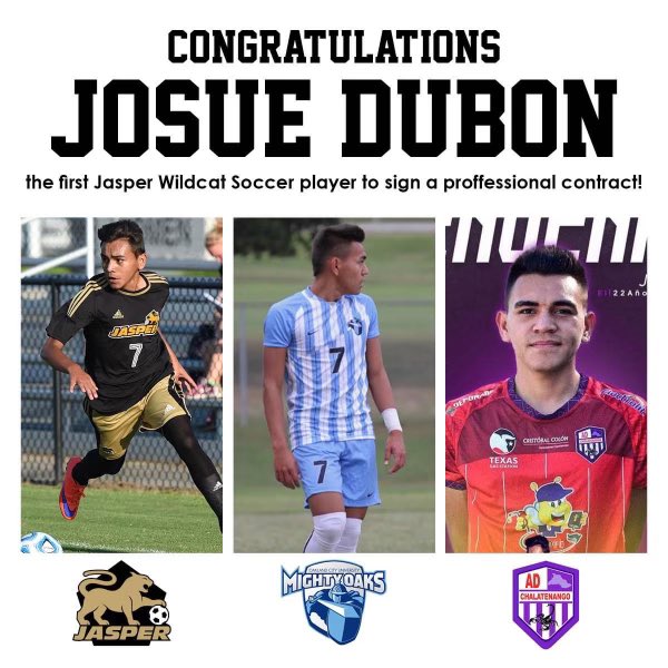 JasperAthletic's tweet photo. Congratulations to Josue Dubon, class of 2018 who has just signed his first professional contract.  Josue will be playing for ADChalatenango in the top-tier Primera División de Fútbol de El Salvador. https://t.co/CWnLic9bgH