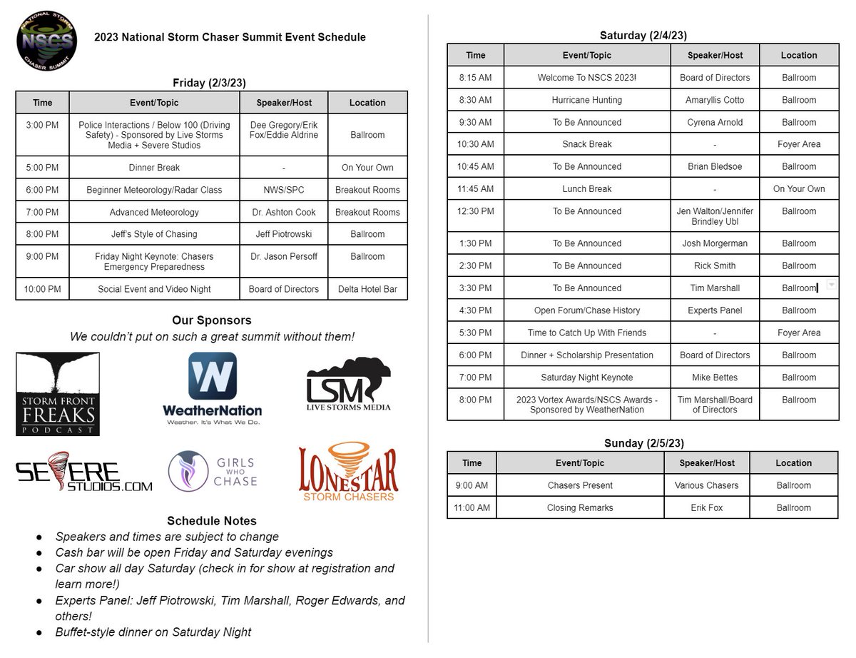 NSCS - National Storm Chaser Summit (@chaser_summit) on Twitter photo The best will be there! Consider attending and getting your tickets today! #NSCS23
<a href="/arcook75/">Ashton Robinson Cook</a> <a href="/WxCyrena/">🌩️ Meteorologist Cyrena Arnold 🌪️</a> <a href="/BrianBledsoe/">Brian Bledsoe 🐊</a> <a href="/mejenwalton/">Jen Walton</a> <a href="/GirlsWhoChase/">Girls Who Chase</a> @JBePhotography <a href="/JasonPersoff/">Jason Persoff, M.D.</a> <a href="/mikebettes/">Mike Bettes</a> <a href="/Jeff_Piotrowski/">Jeff Piotrowski</a> <a href="/iCyclone/">Josh Morgerman</a> @ounwcm <a href="/TornadoTornado/">Tim Marshall</a> <a href="/eddiealdrine/">Eddie Aldrine</a> <a href="/erikfox2000/">Erik Fox</a> <a href="/SkyPixWeather/">Roger Edwards</a> The best will be there! Consider attending and getting your tickets today! #NSCS23
<a href="/arcook75/">Ashton Robinson Cook</a> <a href="/WxCyrena/">🌩️ Meteorologist Cyrena Arnold 🌪️</a> <a href="/BrianBledsoe/">Brian Bledsoe 🐊</a> <a href="/mejenwalton/">Jen Walton</a> <a href="/GirlsWhoChase/">Girls Who Chase</a> @JBePhotography <a href="/JasonPersoff/">Jason Persoff, M.D.</a> <a href="/mikebettes/">Mike Bettes</a> <a href="/Jeff_Piotrowski/">Jeff Piotrowski</a> <a href="/iCyclone/">Josh Morgerman</a> @ounwcm <a href="/TornadoTornado/">Tim Marshall</a> <a href="/eddiealdrine/">Eddie Aldrine</a> <a href="/erikfox2000/">Erik Fox</a> <a href="/SkyPixWeather/">Roger Edwards</a>