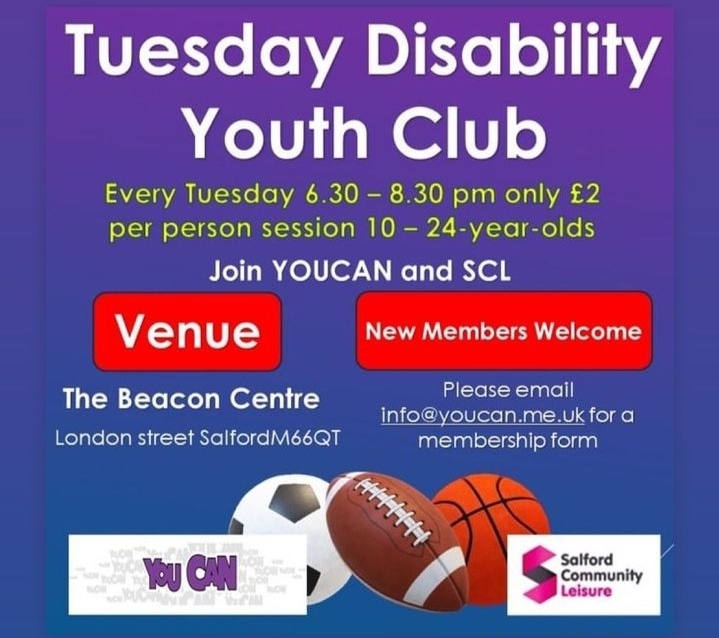 Check out this disability youth club run by You Can Community Club and Salford Community Leisure.
Every Tuesday at The Beacon Centre.

Contact You Can Community Club for more information.

#SEND
#Disability
#YouthClub
#YoungPeople
<a href="/YoucanYouth/">You Can Community Club</a>
@salfordleisure