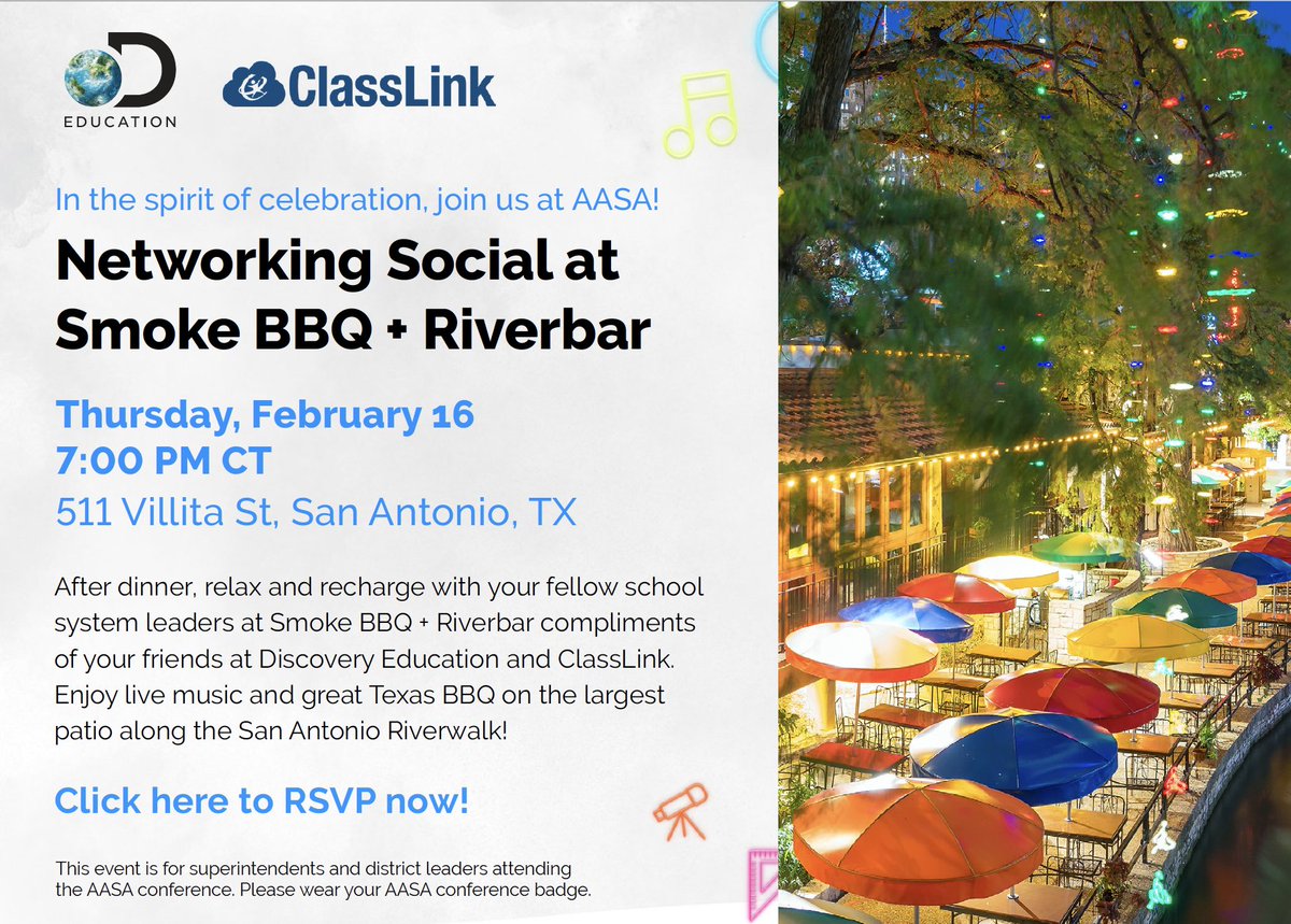 rwarren42's tweet photo. In the spirit of celebration, join @DiscoveryEd &amp; @ClassLink at @AASAHQ for a Superintendent Social on the San Antonio Riverwalk

Thursday, February 16 at 7:00 PM CT
Smoke BBQ + Riverbar
511 Villita St
San Antonio, TX 78205

https://t.co/ltDRxfhObs https://t.co/fIc7WYRbcb