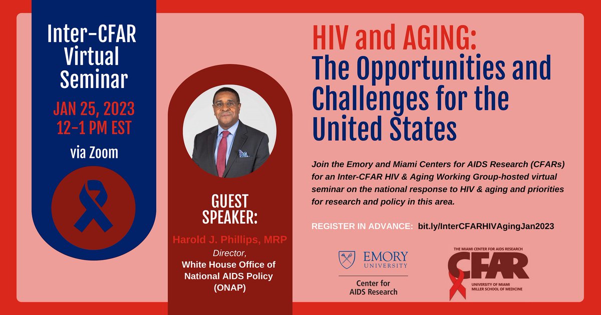 Emory CFAR (@emorycfar) on Twitter photo Save the date to join the Inter-CFAR HIV & Aging Working Group for a special virtual seminar on 1/25 at 12PM EST! Harold J. Phillips (<a href="/WhiteHouse/">The White House</a>) will join us to discuss "HIV & Aging: The Opportunities and Challenges for the U.S. RSVP for Zoom link: bit.ly/InterCFARHIVAg… Save the date to join the Inter-CFAR HIV & Aging Working Group for a special virtual seminar on 1/25 at 12PM EST! Harold J. Phillips (<a href="/WhiteHouse/">The White House</a>) will join us to discuss "HIV & Aging: The Opportunities and Challenges for the U.S. RSVP for Zoom link: bit.ly/InterCFARHIVAg…