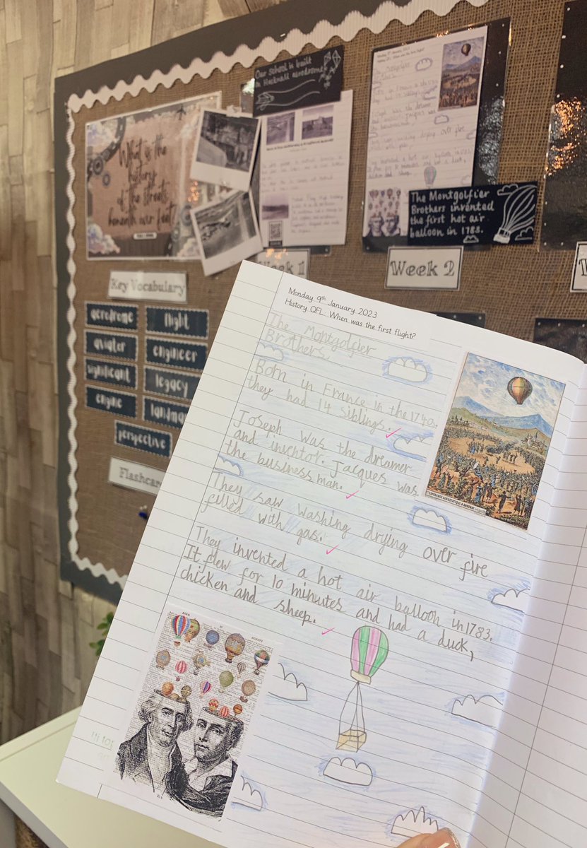 MissCastledine_'s tweet photo. Week two of our spring enquiry ‘What is the history of the streets beneath our feet?’ Exploring the history of flight and our local connections. Today the children researched and wrote about the Montgolfier brothers and their invention of the hot air balloon💡💭 https://t.co/1YnZFvQxk4