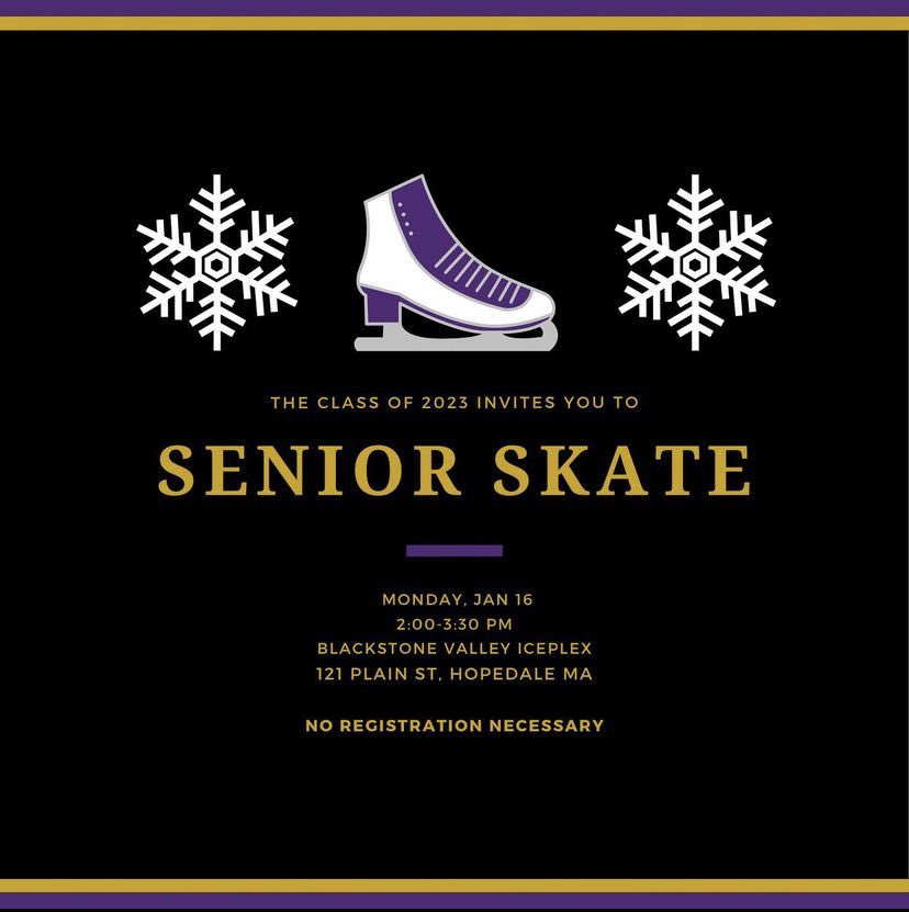 Seniors, we hope to see you a week from today on Monday, 1/16/2023 for our Senior Skate at the Blackstone Valley IcePlex! ❄️