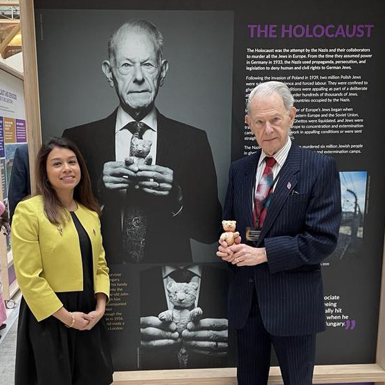 TulipSiddiq's tweet photo. Today at @HMD_UK’s portrait exhibition in Parliament, I had the privilege of meeting the Holocaust survivor John Hajdu MBE and the teddy bear he fled the Nazis with when he was 7 years old. 

It was so moving to hear his story and see the toy that has been with him all this time. https://t.co/w3e5uo6Jf5