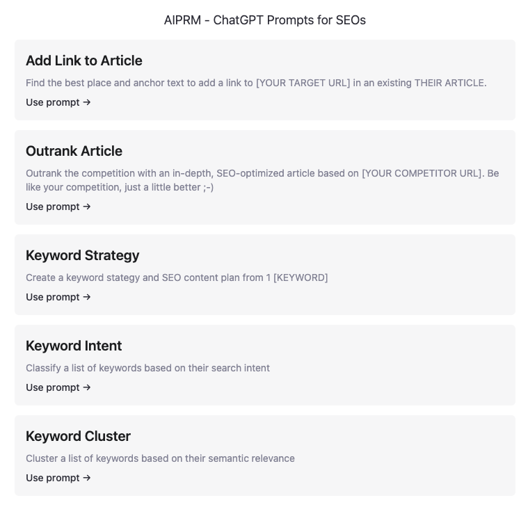 CyrusShepard's tweet photo. Impressive SEO-specific ChatGPT prompts

While there is virtually no SEO task I'd trust using ChatGPT for, the "Keyword Strategy" prompt from @cemper's extension produces some damn fine results

I'd... I'd actually use these?

Free extension: AIPRM for SEO https://t.co/PGYc9xnIQ5 https://t.co/QZONFMWOTo