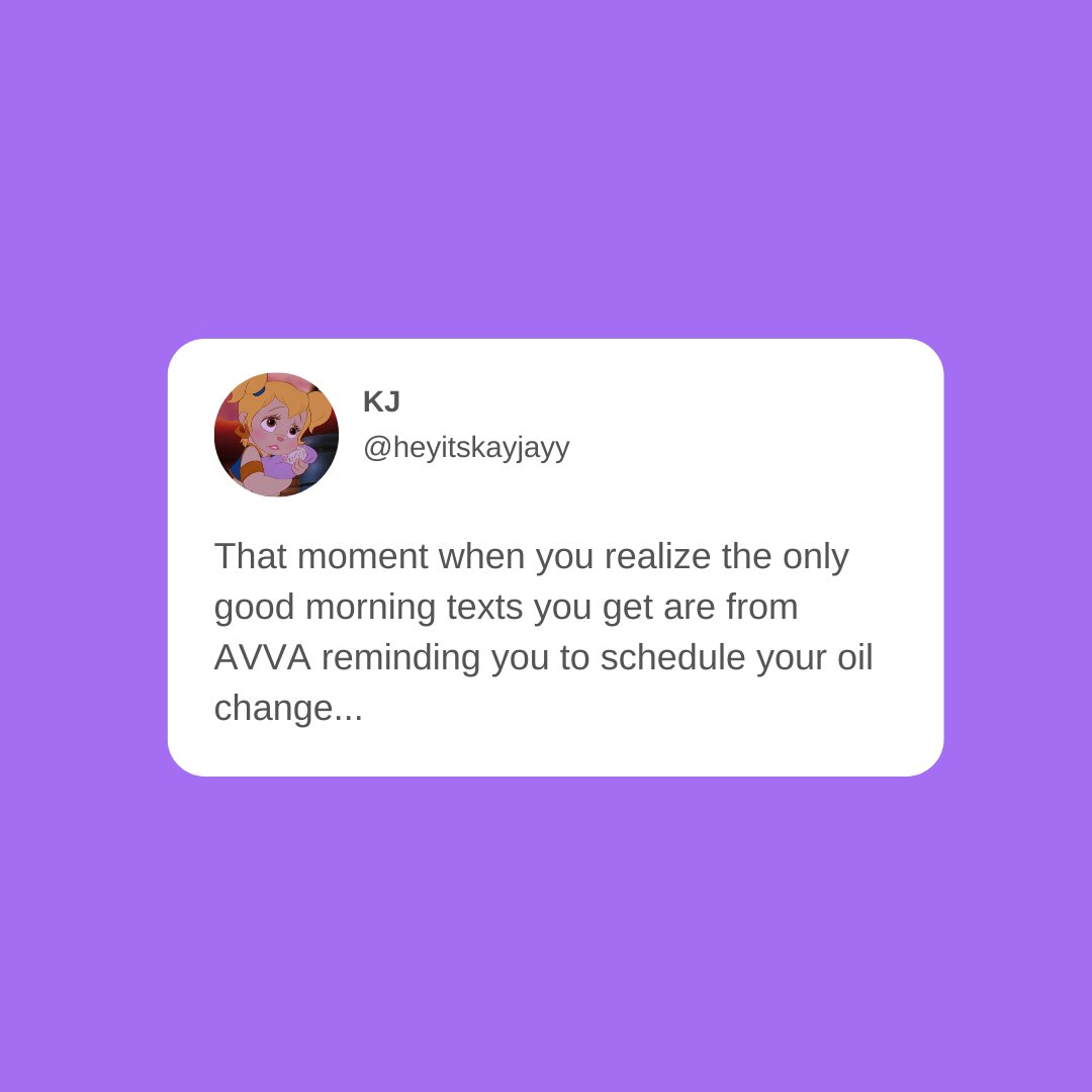 driveavva's tweet photo. Just a reminder that AVVA 💜 U!
DYK that you can opt in for #textreminders with AVVA for when your vehicle is due for #maintenance and cleanings? We will even send our team TO YOU to take care of your #AVVARIDE.
Drive with us: https://t.co/Cm44leA98D https://t.co/U7jd7MTNNw