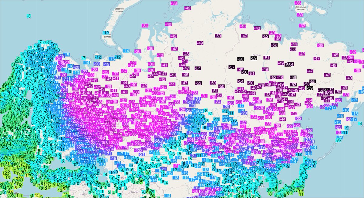 Vague de froid marquée et persistante sur la #Russie,  de la partie européenne où il a fait -40/-45°C au bassin de la Léna où les -60°C sont approchés. Carte Ogimet 