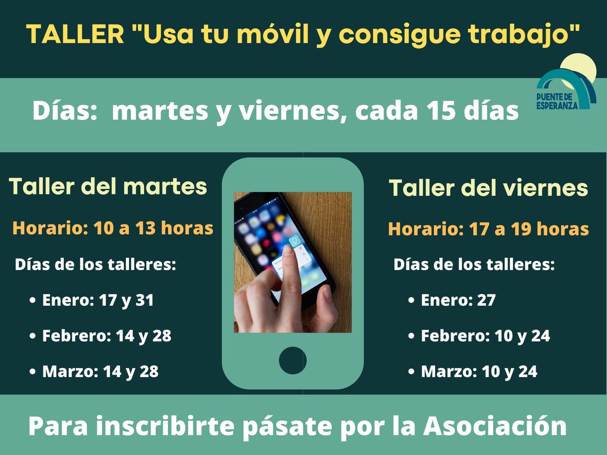puente_madrid's tweet photo. @puente_madrid   Abrimos un taller práctico de búsqueda de empleo con el móvil. Si te interesa pásate por la Asociación para inscribirte. https://t.co/iWtXRVNKoL