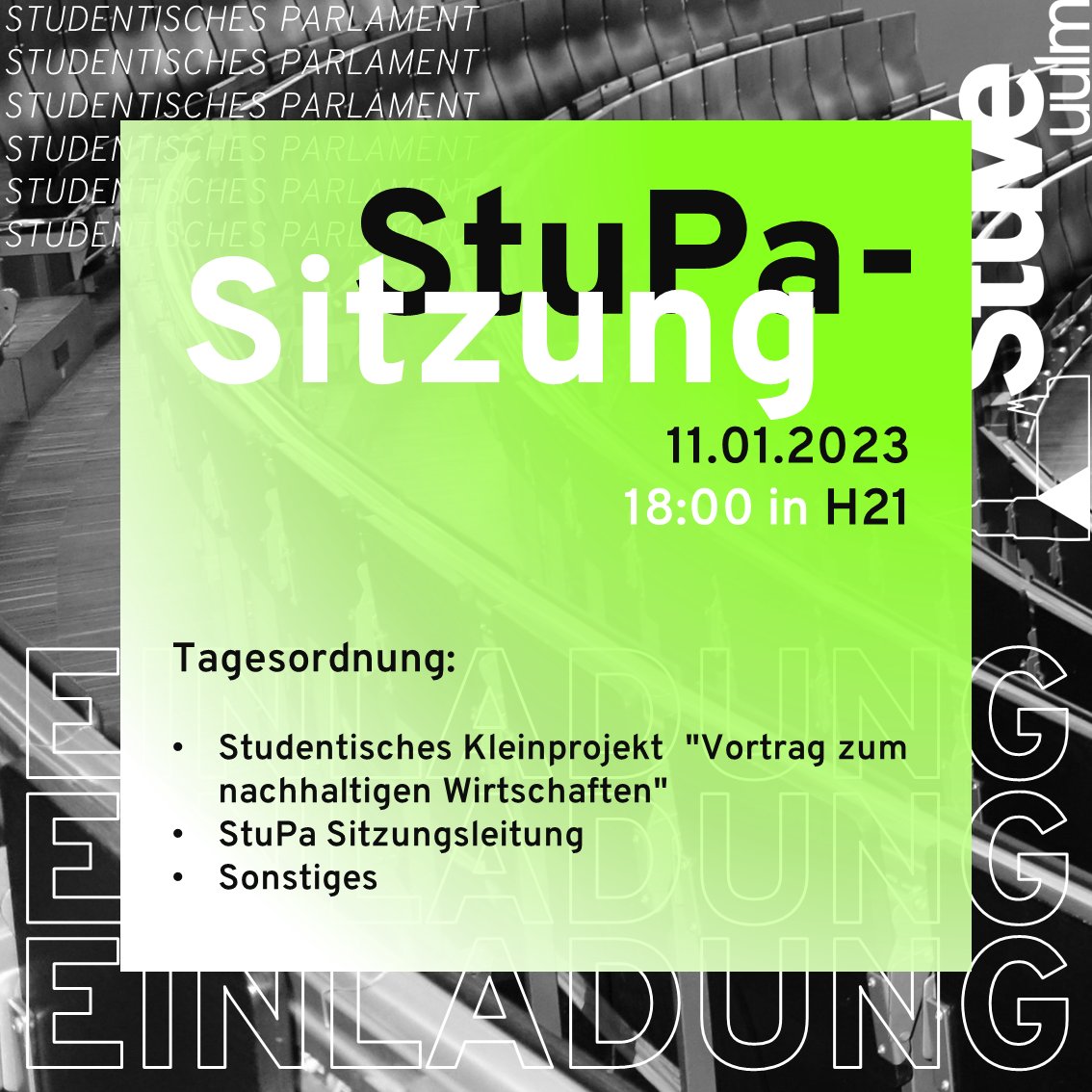 Das StuPa trifft sich am Mittwoch Abend, 18 Uhr, zur Sitzung.
Gäste sind willkommen!