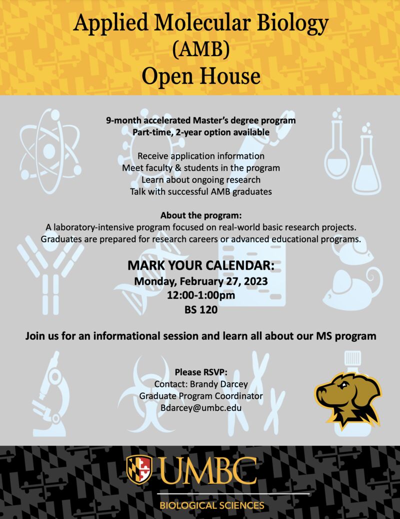 Join Dr. Starz-Gaiano &amp; Dr. Wagner for an informational session about our Applied Molecular Biology Master Program #UMBCbiology #umbc #bioscience #amb #appliedmolecularbiology #scienceresearch #researchproject #ambmasterclasses #mastersclass #mastersdegree