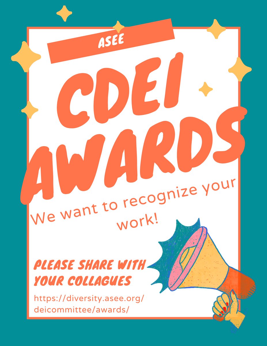 📢📢📢 FEBRUARY 8 is the deadline for Constituent DEI Award and the Best DEI Paper Award submissions! Submit your nominations today! diversity.asee.org/deicommittee/a…