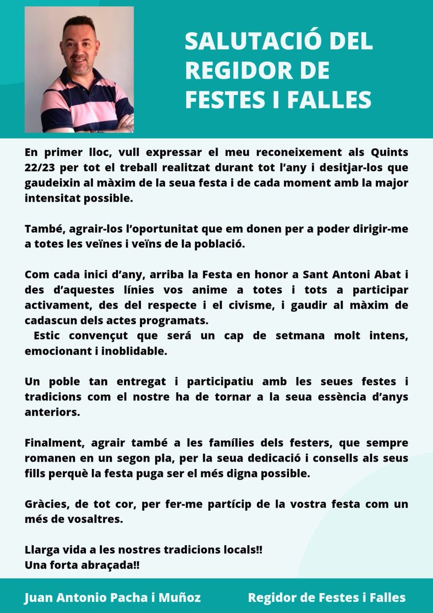 Juanan_1982's tweet photo. 🔴 #FestesiFallesFoios | 🗣️ Ací vos deixe el saluda per a la festa de Sant Antoni Abat, que tindrà lloc este pròxim cap de setmana.
😘 Agraïsc als Quints 22/23 l'oportunitat que m'han oferit per a fer-ho a través de les seues xarxes socials.
#SantAntoniFoios23 #QuintsFoios23 https://t.co/cneF8S7lBo