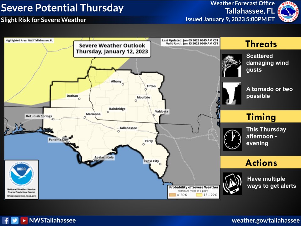 Confidence regarding severe weather this Thursday afternoon within our SE AL and SW GA counties continues to increase. The outlined area is subject to change and we will continue to provide updates throughout the week! #gawx #alwx #flwx