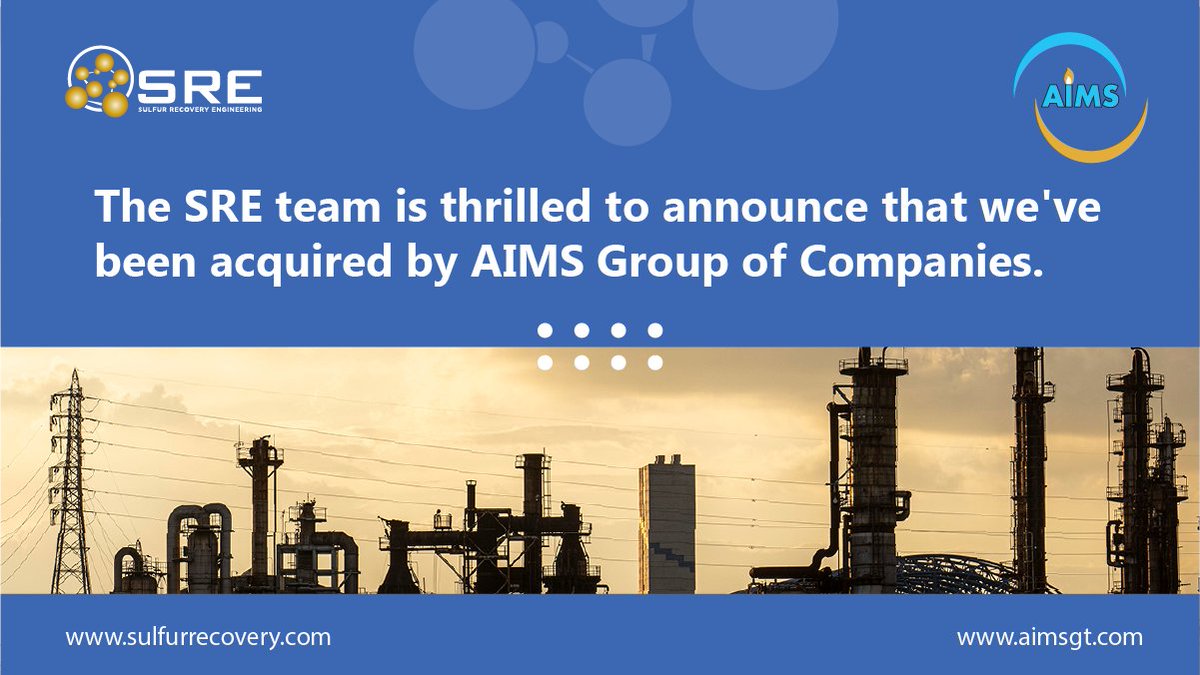 SulfurRecovery's tweet photo. We're thrilled to announce that SRE has been acquired by AIMS Group of Companies.

Check out the full post here: https://t.co/AU1B55h9rf https://t.co/5IVgpdHcz9