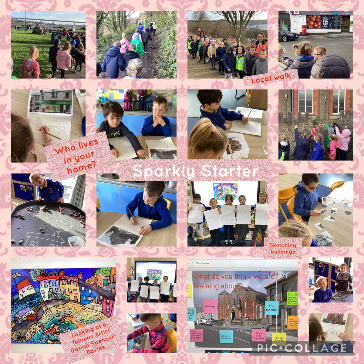 MarloeGwylanSer's tweet photo. Year 1 &amp; 2 have enjoyed todays Sparkly Starter. They took part in a local walk and identified buildings, created art work inspired by Dorian Spencer-Davies &amp; worked out puzzles to reveal the topic title. #curriculumforWales #healthyconfident #Globalgoals #creativeenterprising https://t.co/Z7JuxCuHwR