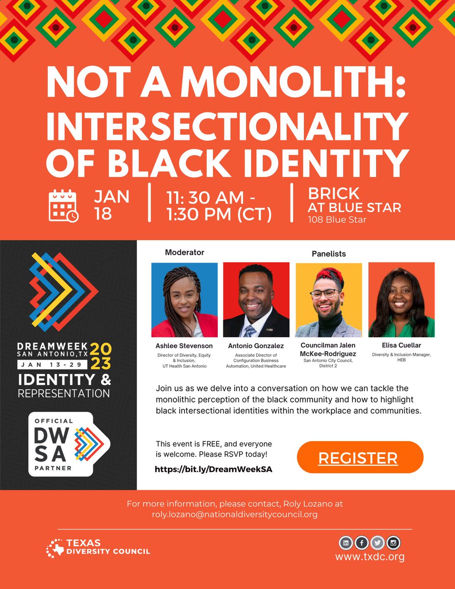 TXDiversity's tweet photo. Join us for an engaging panel discussion celebrating Identity & Representation. This official #DreamWeek Event is FREE, and everyone is welcome!
RSVP: https://t.co/DQNtXD4Oxk
#txdc #diversity #dreamweeksa #dwsa #dwsa2023 https://t.co/PKqXw7qW8C