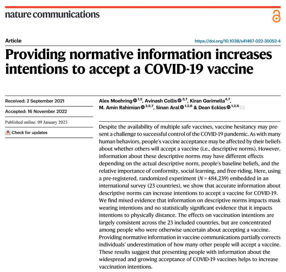 🚨New Publication🚨

Very happy to share that our large-scale experiment (~500k people in 23 countries) where we test a simple descriptive norms intervention to increase vaccine acceptance, is finally published in <a href="/NatureComms/">Nature Communications</a>!

nature.com/articles/s4146…