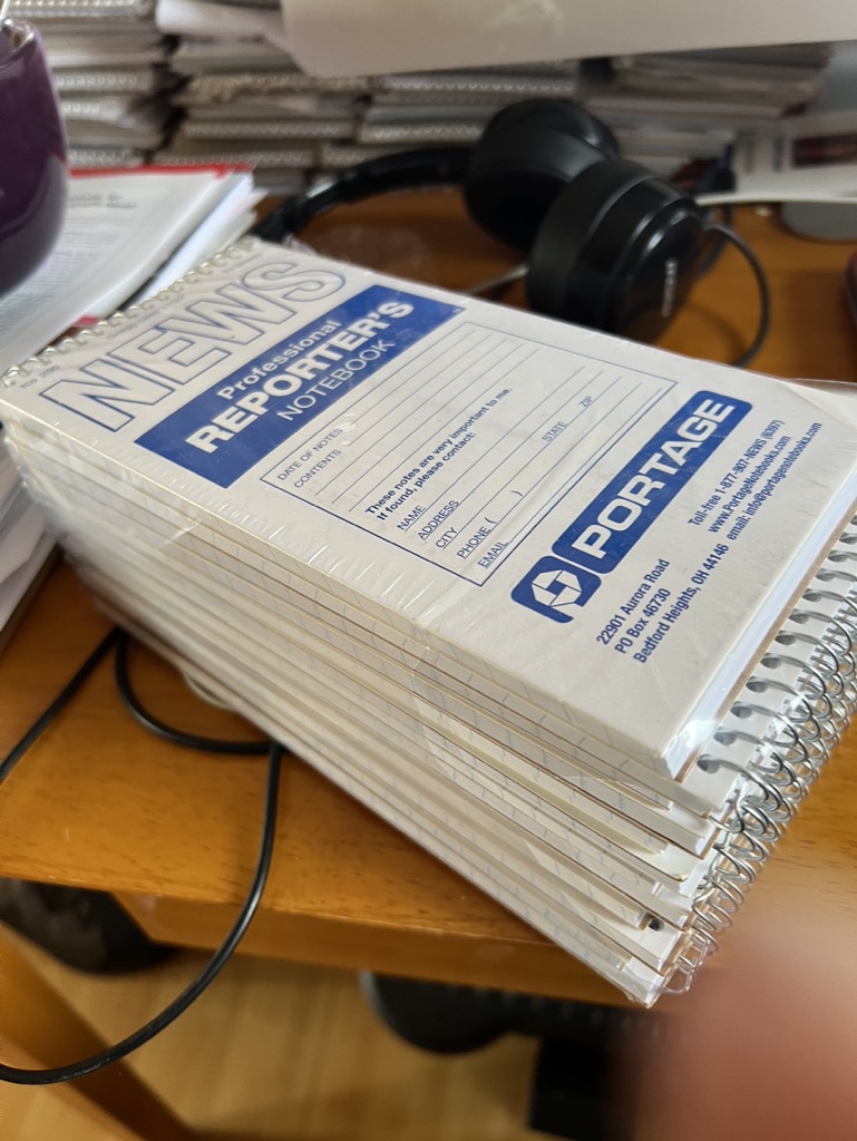 That stack of fresh notebooks, new year optimism is full bore this afternoon. #journalism #news #newsemester #freelancing #freelancejournalism