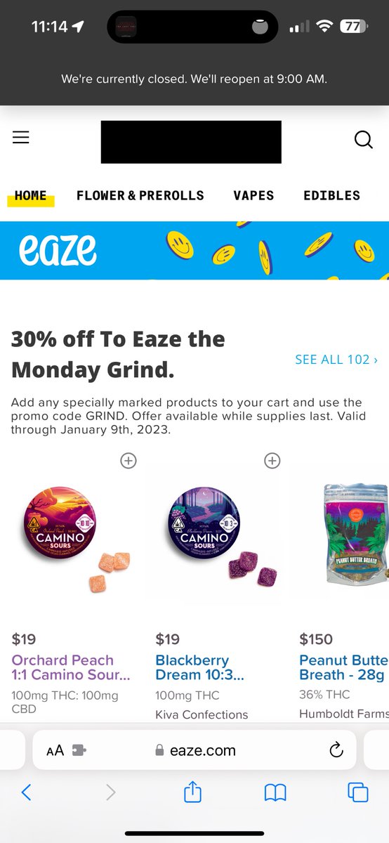 calceamenta's tweet photo. @eaze are you closed today? No matter what I’ve tried, your site says you’re closed and will open at 9 (it’s currently 11) https://t.co/WKNVoJuspF