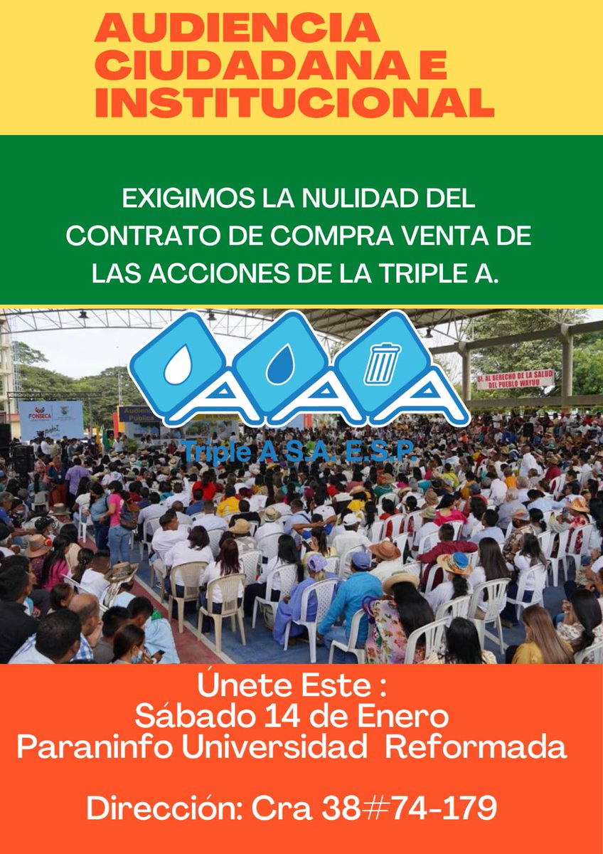 mancillawilson's tweet photo. Invitamos a toda la sociedad civil, a la audiencia ciudadana contra el robo de la empresa Triple A, Enero 14, 10:00am, paraninfo Universidad Reformada. Unidos por la anulación del contrato de venta de las acciones de la Triple A.
Por la defensa de un patrimonio de nuestra ciudad. https://t.co/f6fQz5YPmk