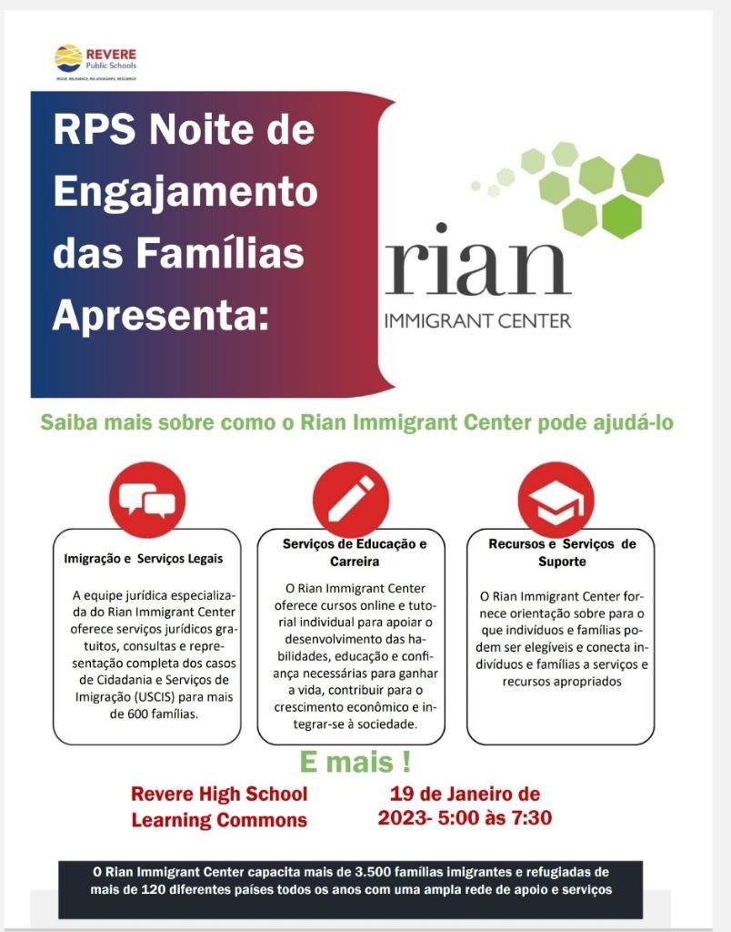 senndy14's tweet photo. RPS families join us for Family Engagement Nigh! Rian Immigrant  Center will be presenting. Learn about how the Rian Immigrant Center can help you. Revere High Learning Commons, 101 School St Revere. Jan 19, 2023. See attached flyers for details. https://t.co/2aSNFTLH7I