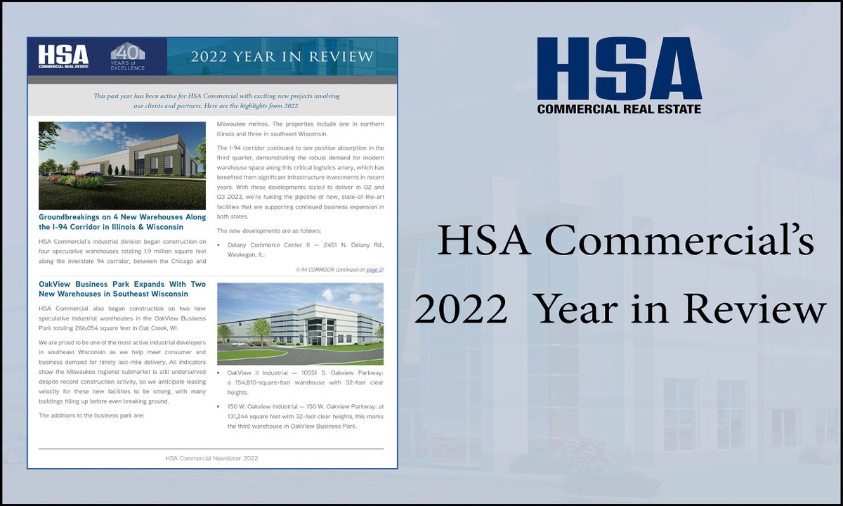 HSACommercial's tweet photo. 2022 was a very active year for HSA Commercial, with exciting new projects involving our clients and partners. Click the link below to read our Year in Review newsletter!

https://t.co/uSafwUd7PF https://t.co/72Uev7pzEO