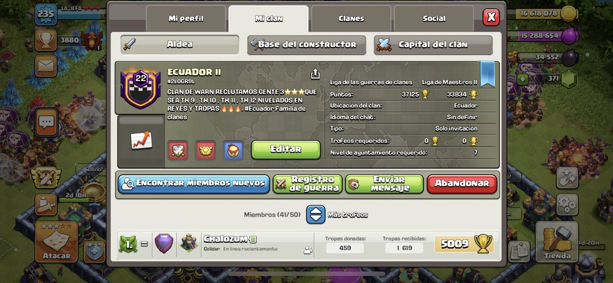 Si juegas Clash of Clans y quieres un clan activo, te invito a ECUADOR II, clan 100% activo y buenos panas dentro de el, te esperamos