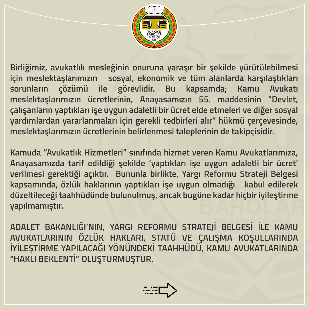 barolar's tweet photo. Yargı Reformu Strateji Belgesinde Yer Alan “Kamu Avukatlarının Özlük Haklarının İyileştirileceği” Taahhüdü, “Haklı Beklenti İlkesi” Uyarınca Yerine Getirilmesi Gereken Bir Haktır. 
Kamu Avukatı Meslektaşlarımızın Haklarının Takipçisi   Olacağız! 

👉 https://t.co/DqQPj8X6iV https://t.co/1ZUsbVPiN2