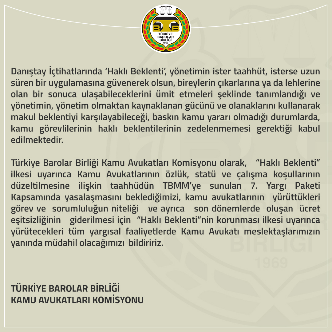 Yargı Reformu Strateji Belgesinde Yer Alan “Kamu Avukatlarının Özlük Haklarının İyileştirileceği” Taahhüdü, “Haklı Beklenti İlkesi” Uyarınca Yerine Getirilmesi Gereken Bir Haktır. 
Kamu Avukatı Meslektaşlarımızın Haklarının Takipçisi   Olacağız! 

👉 tbb.av.tr/757