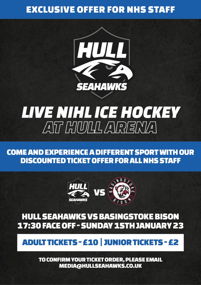 hullseahawks's tweet photo. 🔵 𝗡𝗛𝗦 𝗗𝗜𝗦𝗖𝗢𝗨𝗡𝗧 🎟️ 

As a thank you to all hardworking NHS staff, we are offering workers a great deal against Basingstoke Bison 🦬 

🎫 Adults £10 &amp; Juniors £2!

Please email media@hullseahawks.co.uk to book your tickets, you must provide proof of NHS employment 📧 https://t.co/F9AfyxUSxH