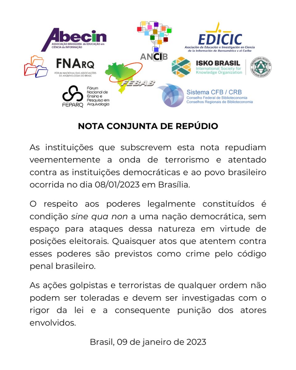 AbecinOficial's tweet photo. NOTA CONJUNTA DE REPÚDIO!
#ABECIN #NotaDeRepúdio #Democracia #DemocraciaSempre #brasilia https://t.co/GeKrYu5tn6