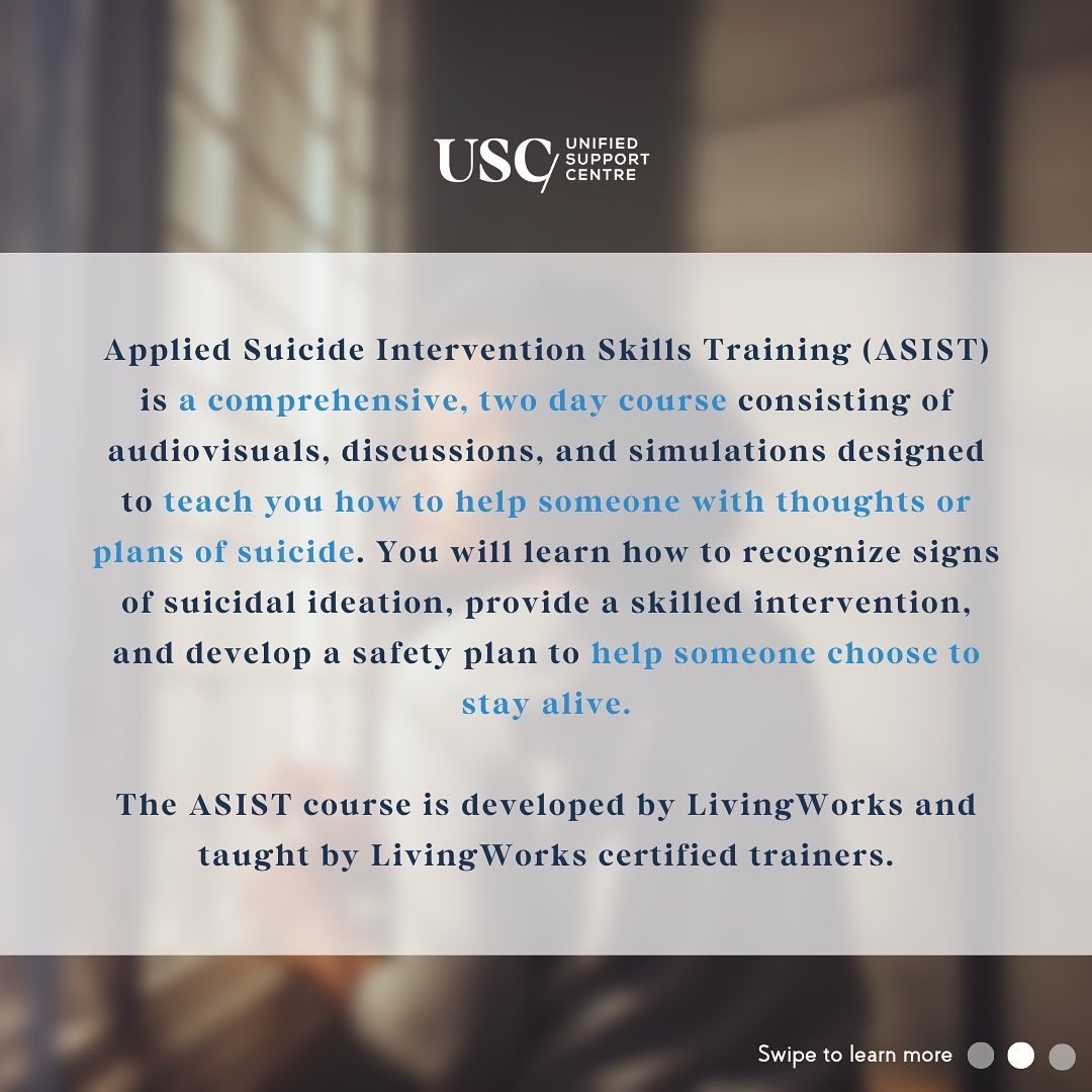 usc_cusa's tweet photo. Applied Suicide Intervention Skills Training (ASIST) courses are back - with a discounted rate of $145 (taxes included)!

To register for either the January 21-22nd or March 4-5th courses, please complete the form at https://t.co/ENKHVAGwnk or email us at usc@cusaonline.ca! https://t.co/VJEzZMYfb4