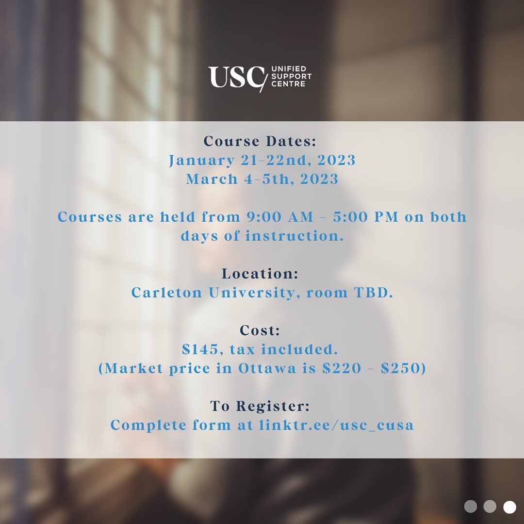 usc_cusa's tweet photo. Applied Suicide Intervention Skills Training (ASIST) courses are back - with a discounted rate of $145 (taxes included)!

To register for either the January 21-22nd or March 4-5th courses, please complete the form at https://t.co/ENKHVAGwnk or email us at usc@cusaonline.ca! https://t.co/VJEzZMYfb4